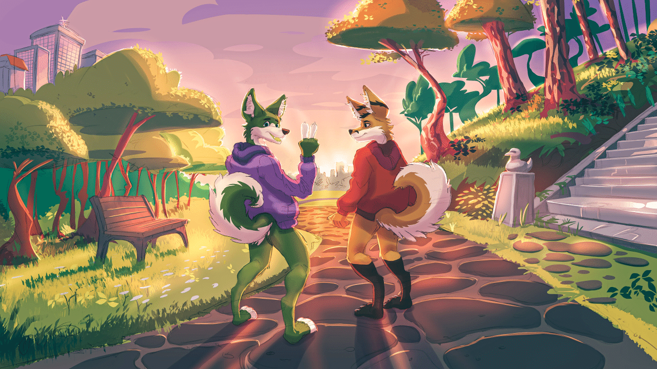 Kobaj and Kale walking in a park.