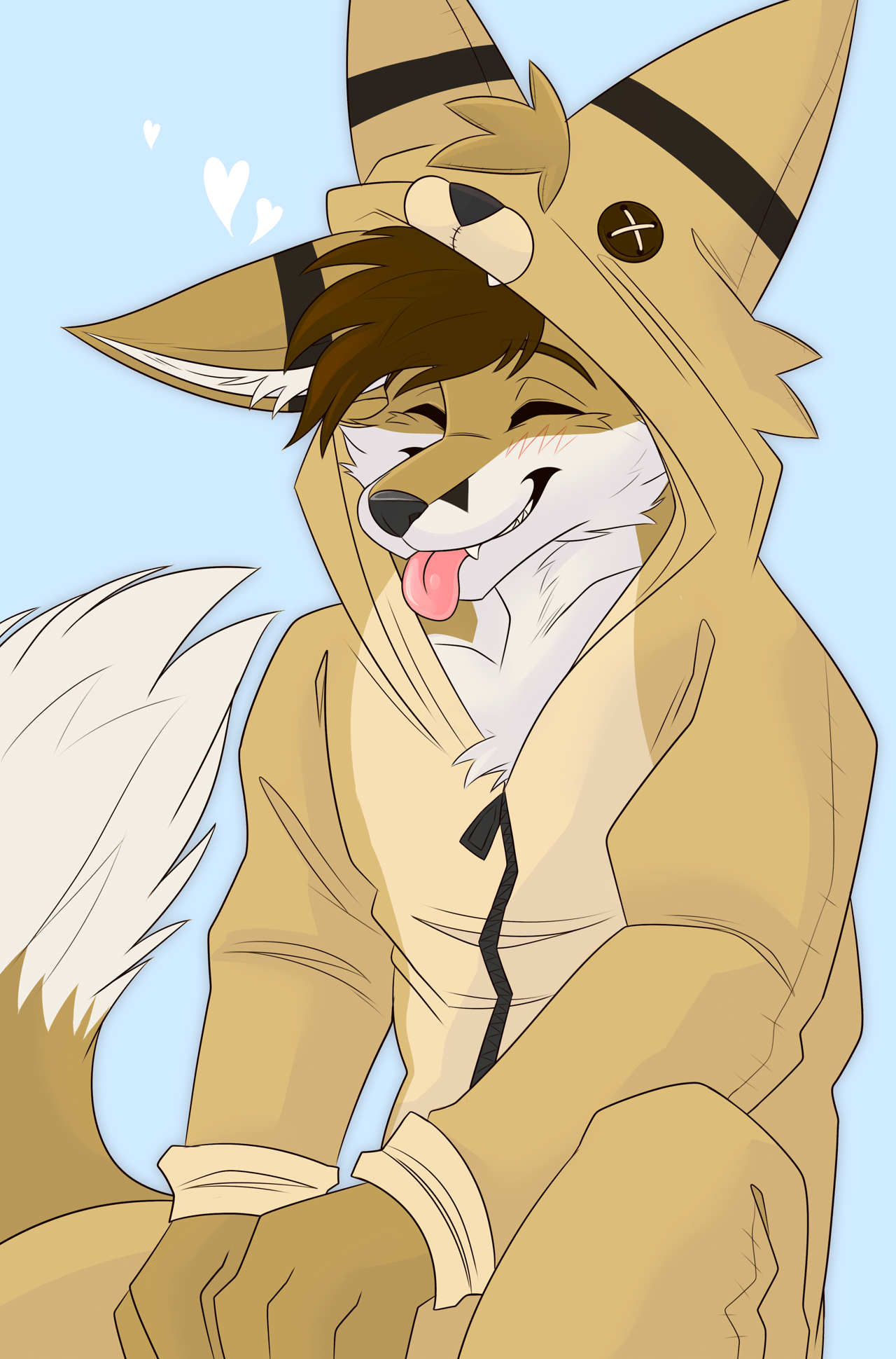 Kobaj wearing a kigu of himself, giving off a cute blep as he smiles and wags his tail.