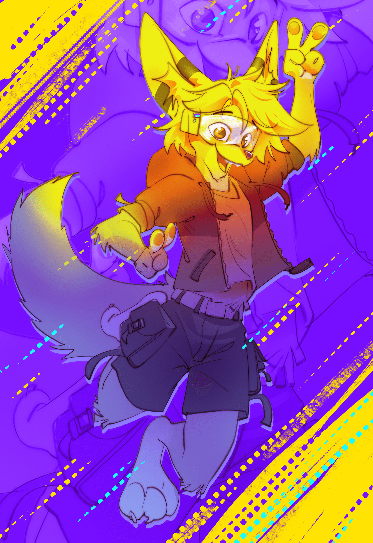 Kobaj jumping up in excitement overtop of a cool digital background.