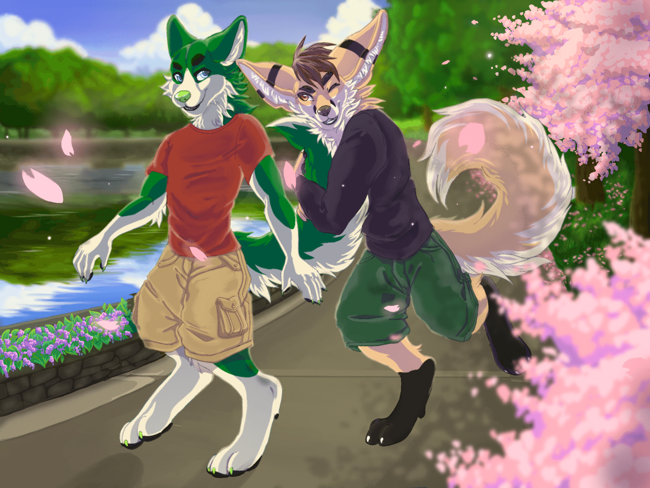 Kobaj snuggling Kale's curly tail.