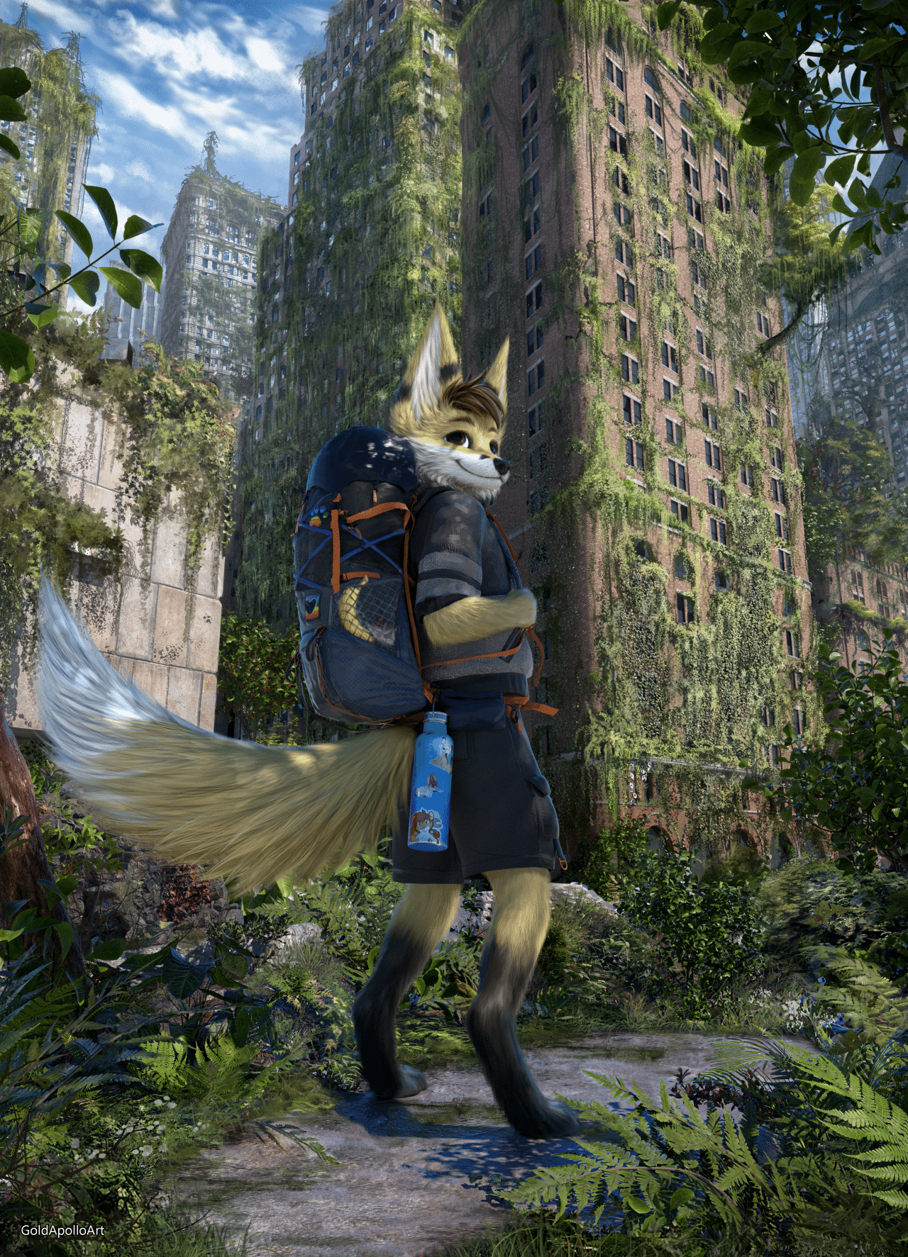 Kobaj exploring a city overgrown with plant life.