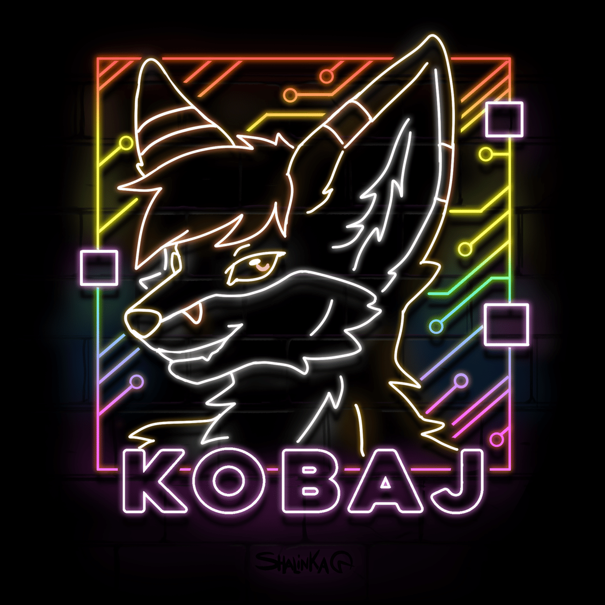 Kobaj badge drawn as a neon sign.