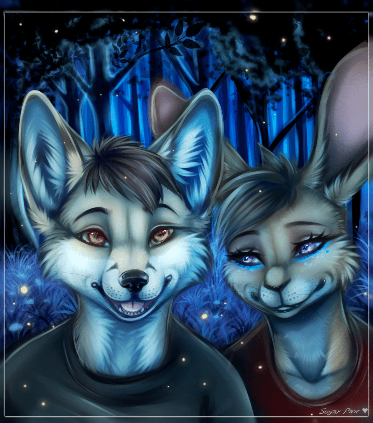 Kobaj and Woofy in a firefly filled wood.