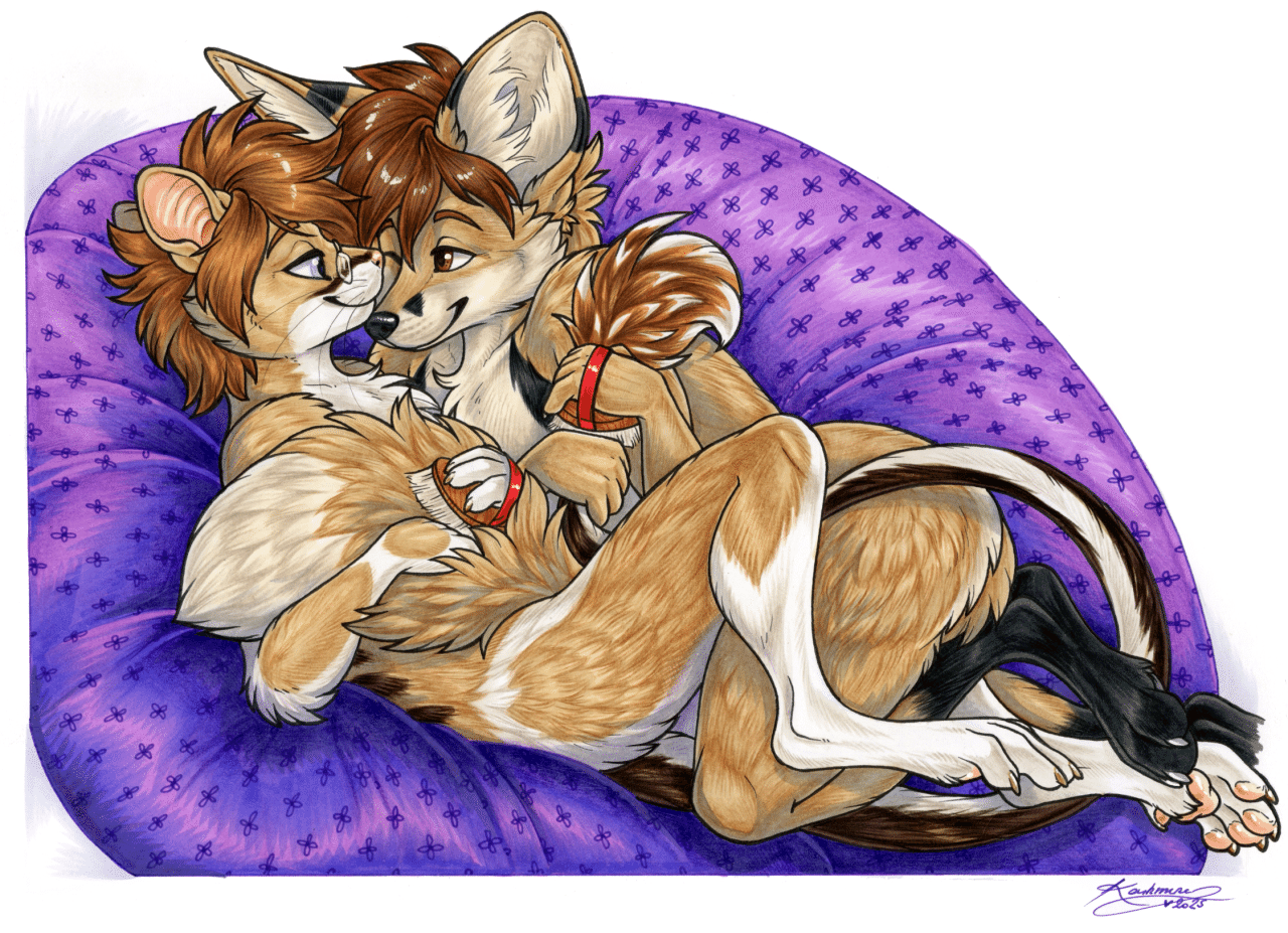 Kobaj and Cellivar snuggle together on a giant bean bag chair, both petting and brushing each other's tail so that they are extra soft and fluffy.