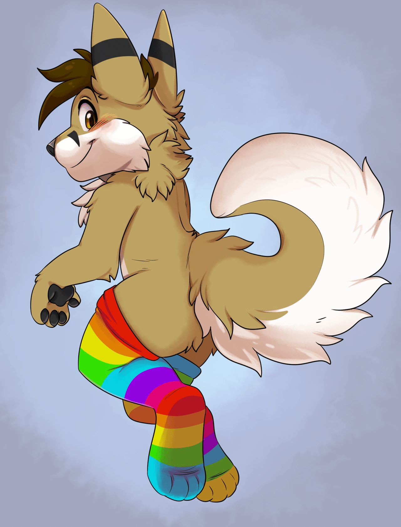 Kobaj wearing rainbow programmer socks and showing off his curly tail.