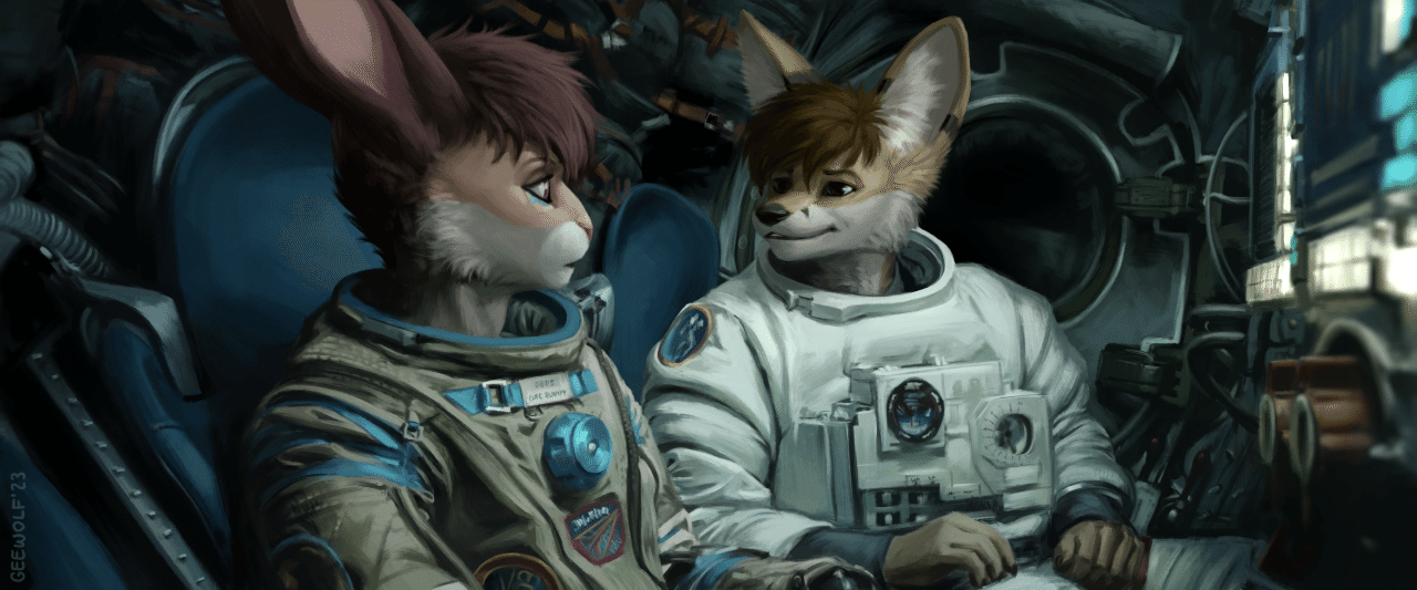 Kobaj rendezvous with Woofy aboard an old soyuz capsul in space just above Earth.