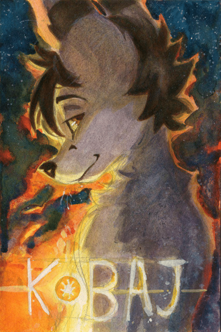 Kobaj standing innocently infront of a burning structure.