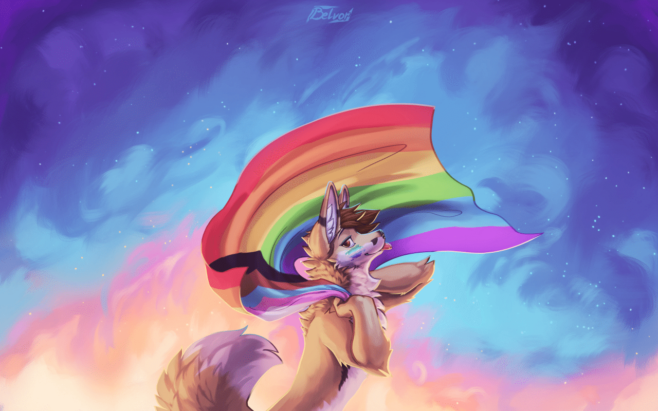 Kobaj swinging a flag over his back like a cape as he shows off his gay pride.