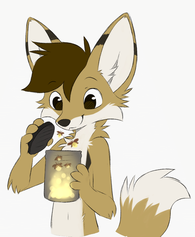 Kobaj opening up a jar of fireflies that playfully dance around him and light up the night.