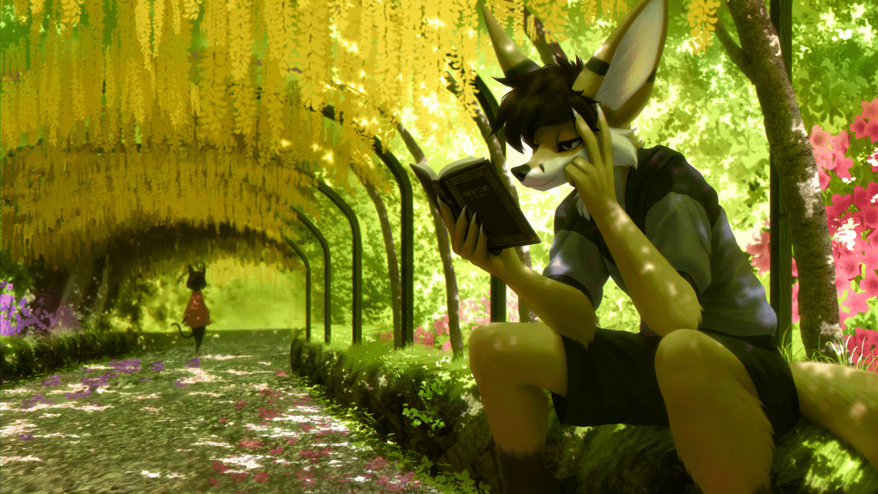 Kobaj enjoying a book in a lush botanical garden.