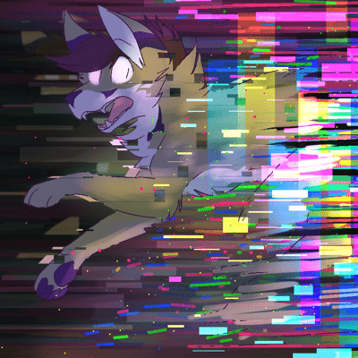 Kobaj being consumed by digital artifacts.