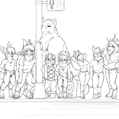 Kobaj waiting at an intersection with a bunch of other furs, they somehow seem familiar.