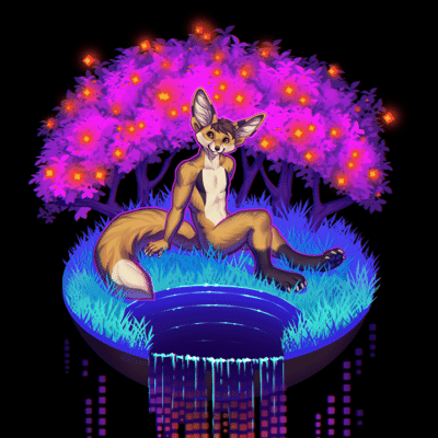 Kobaj relaxing and happy in his own little digital landscape that includes pixelated trees, a reflecting pool, and binary waterfall.