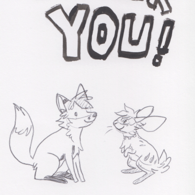 Kobaj sitting next to Woofy underneath a giant banner that says thank you.