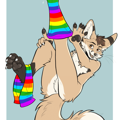 Kobaj showing off putting on his rainbow programming socks.