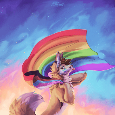Kobaj swinging a flag over his back like a cape as he shows off his gay pride.