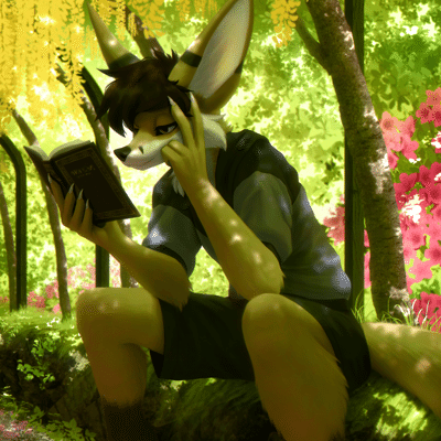 Kobaj enjoying a book in a lush botanical garden.