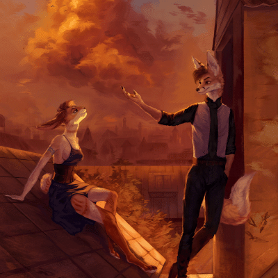 Kobaj guesturing on a rooftop while wearing a fancy outfit.