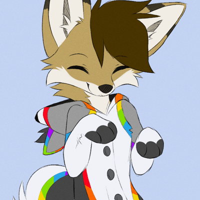 Kobaj wearing a cute rainbow husky kigu with a very happy expression on his face.