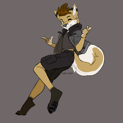 Kobaj giving a couple of finger guns as he rocks out and bounces around, winking at the camera and shaking his big curly tail.