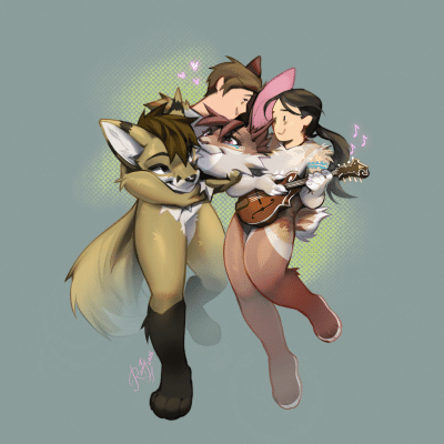 Kobaj and Woofy wearing their fursuits and holding their heads in their hands as they dance together.