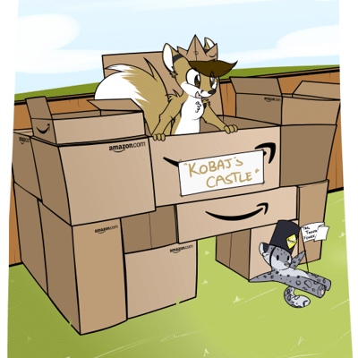 Kobaj playing king of his cardboard castle.