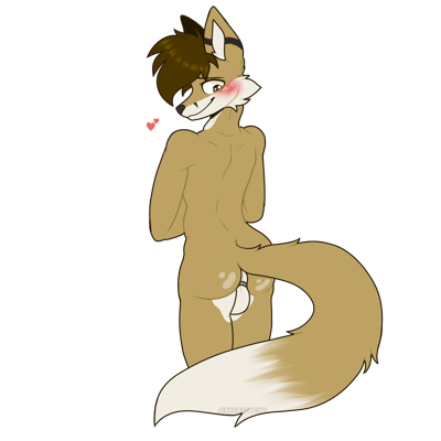 Kobaj blushing and lifting his tail.